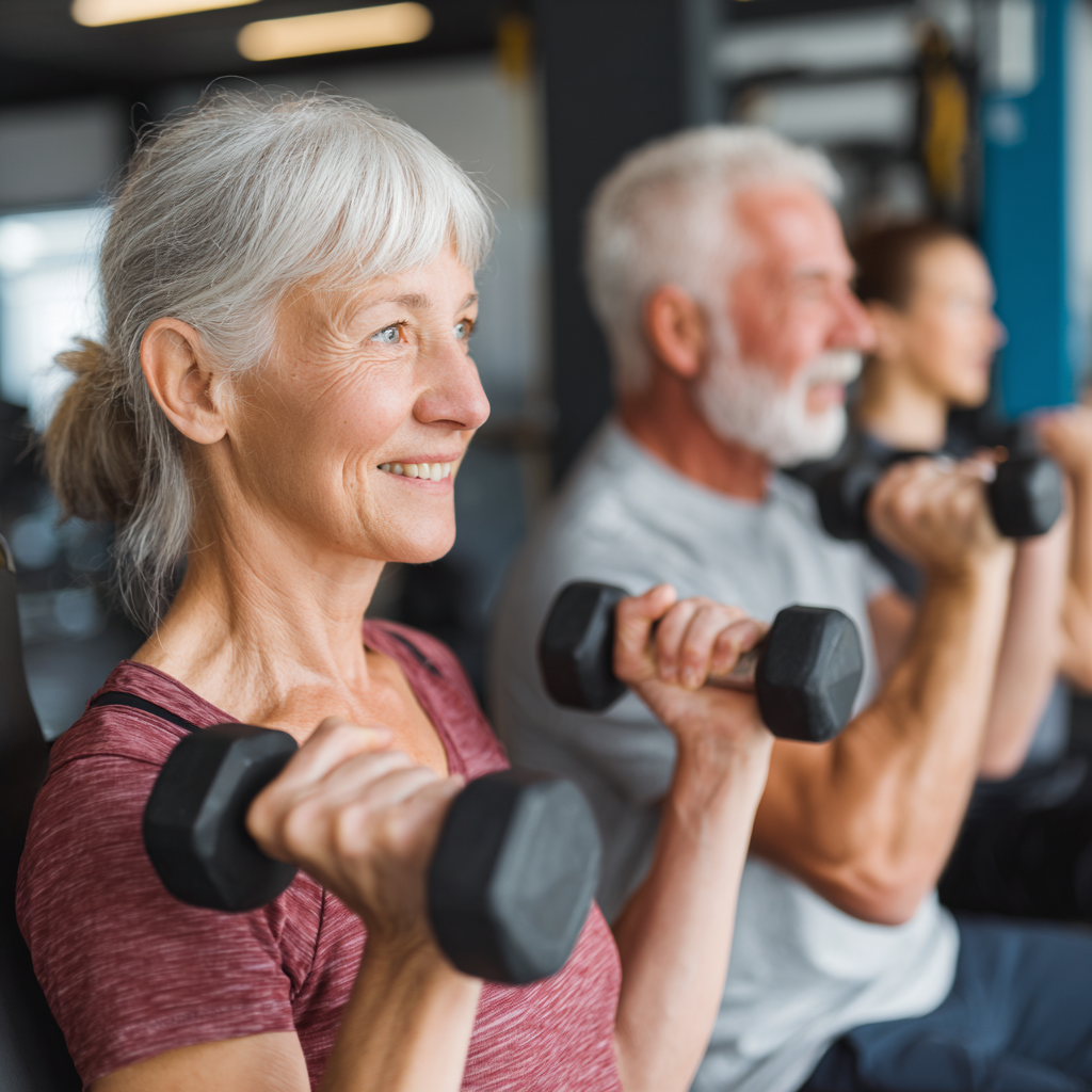 Experienced fitness instructor guiding mature adults through strength training session